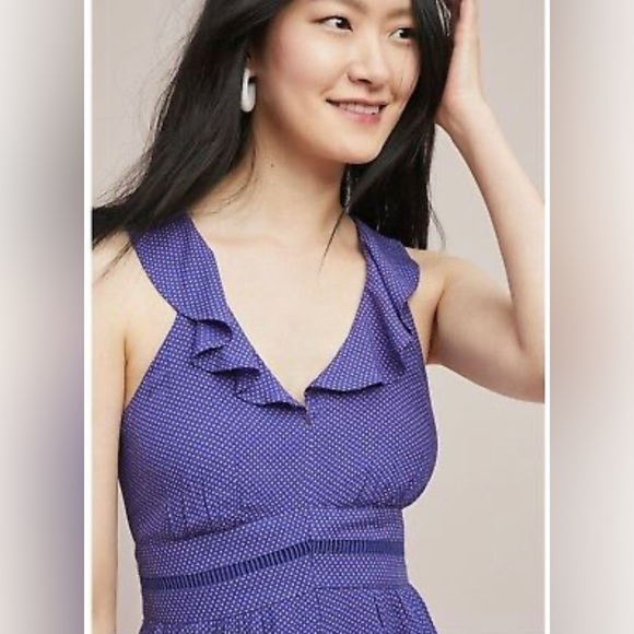 Anthropologie | Maeve Syros Ruffled Blue Pin Dot Flowing Wide Leg Jumpsuit - Picture 4 of 10